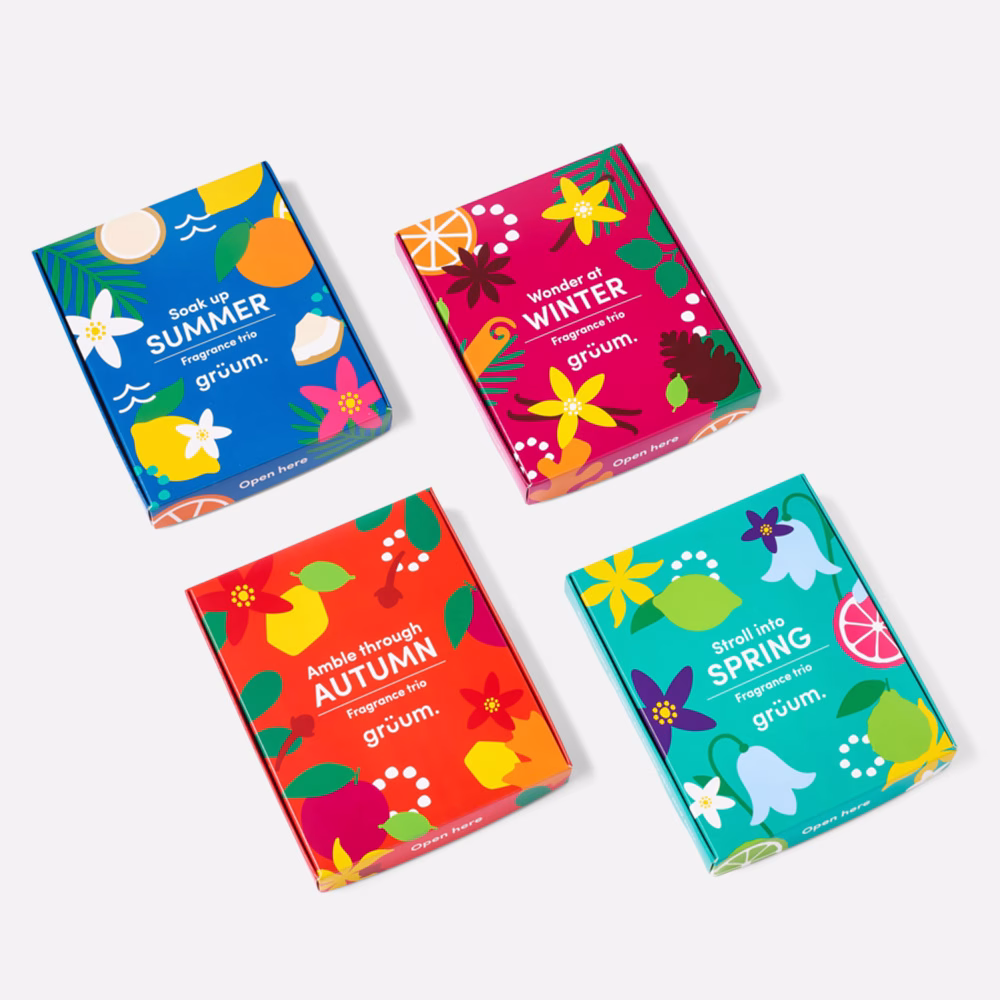 Four colorful fragrance boxes with seasons theme.