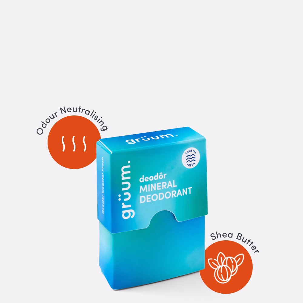 Blue deodorant box with benefits icons.