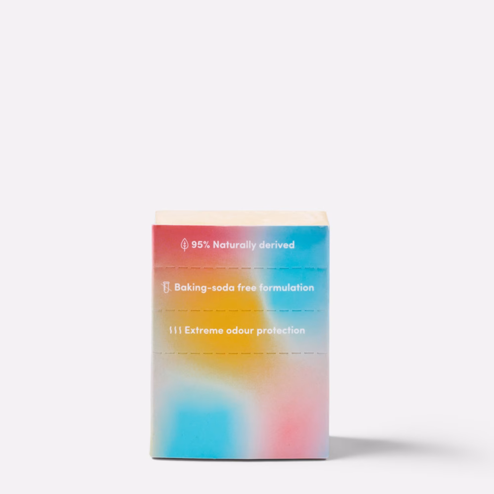Colorful box with text about deodorant