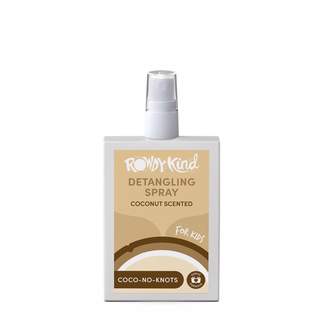 Detangling spray bottle with coconut scent.