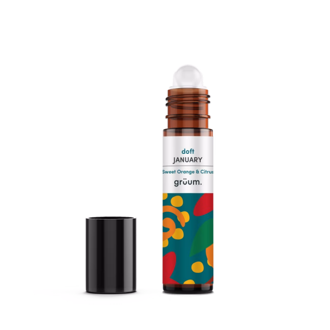 Colorful roll-on bottle with cap.