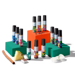 Colorful perfume bottles on display blocks.