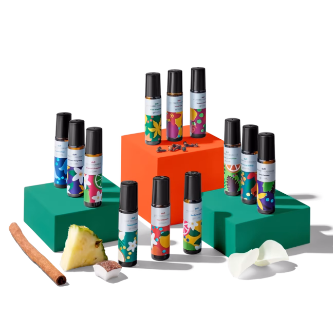 Colorful perfume bottles on display blocks.