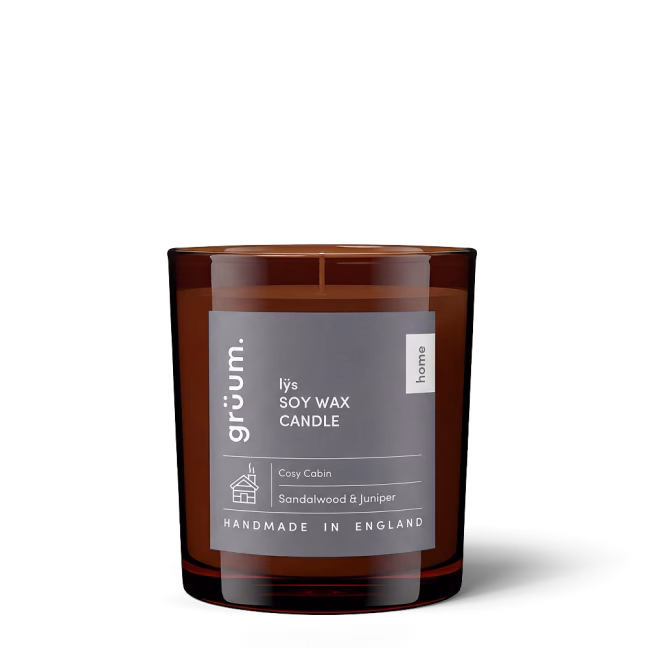 Brown soy wax candle with label
