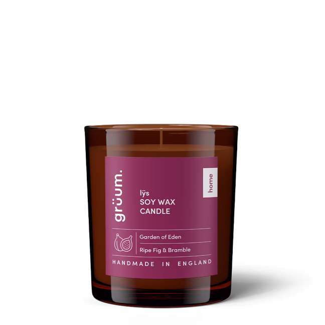 Brown soy wax candle with label