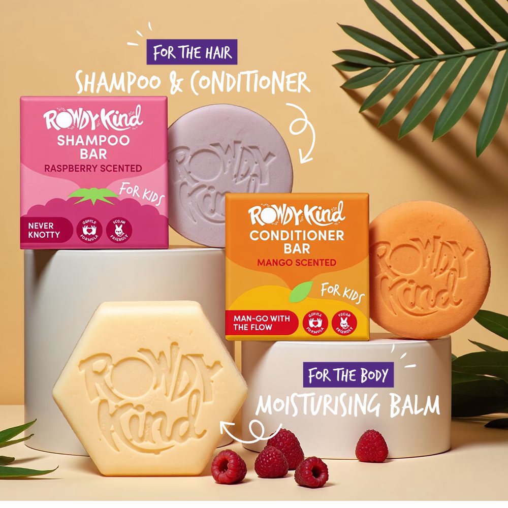 Colorful shampoo and conditioner bars displayed.