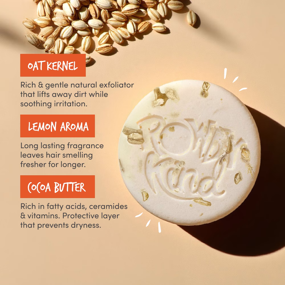 Round soap with oat kernels and text.