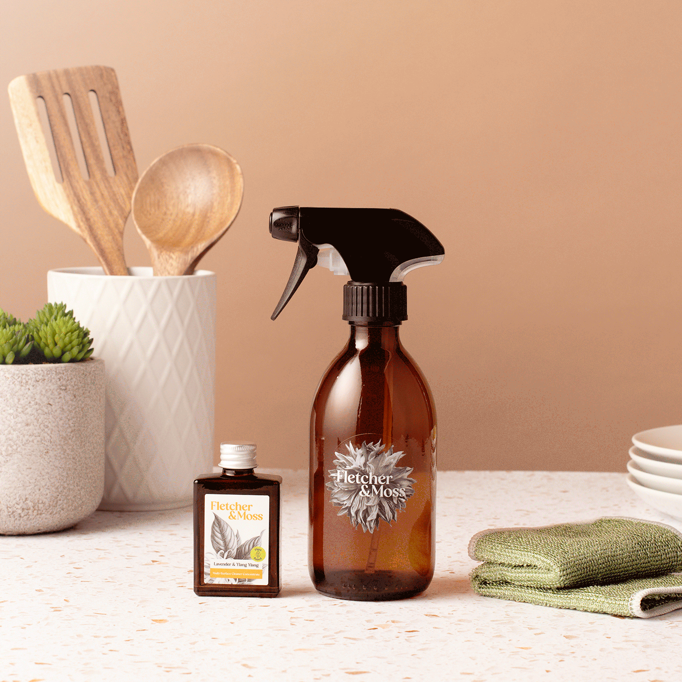 Cleaning products on kitchen counter.