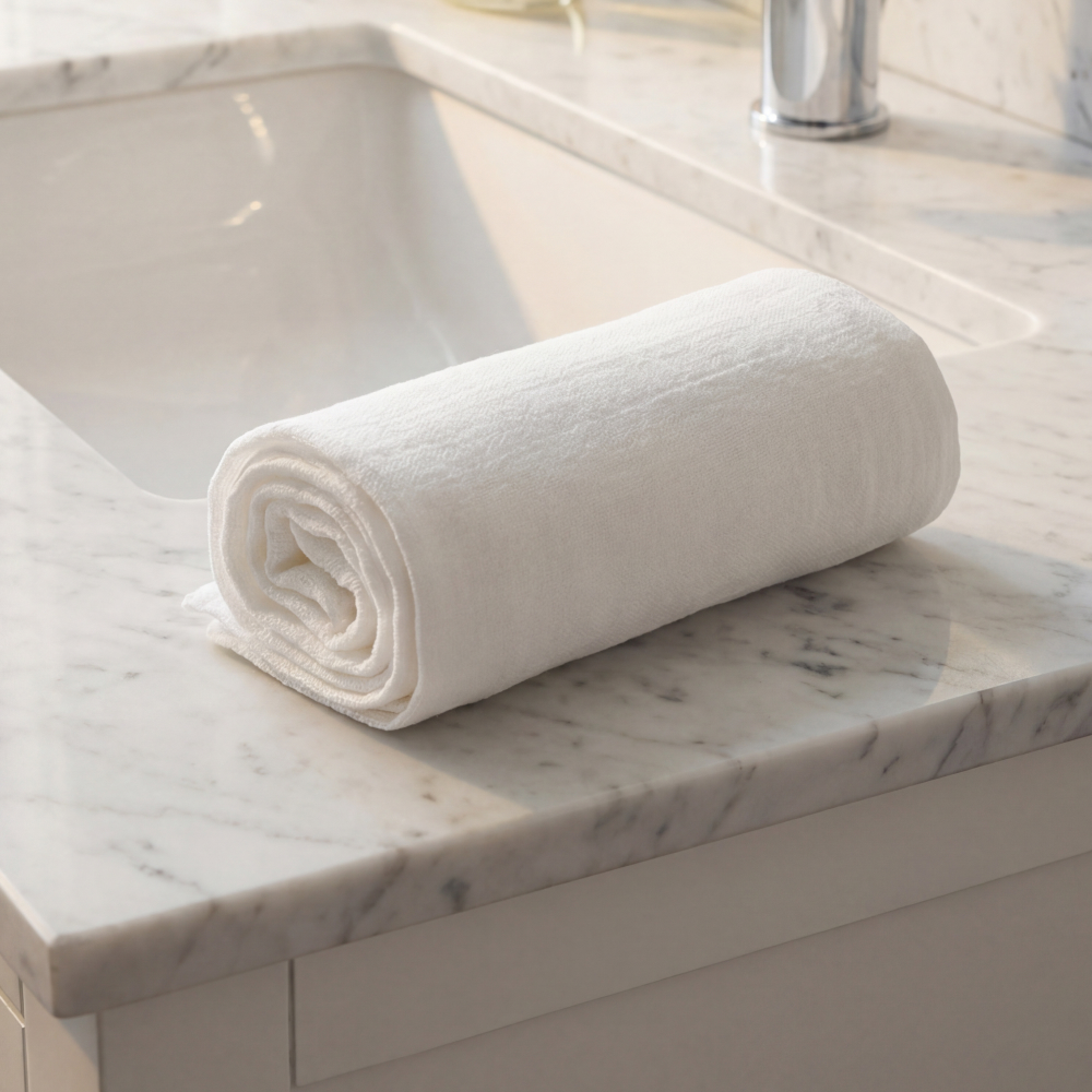 Rolled white towel on marble countertop.