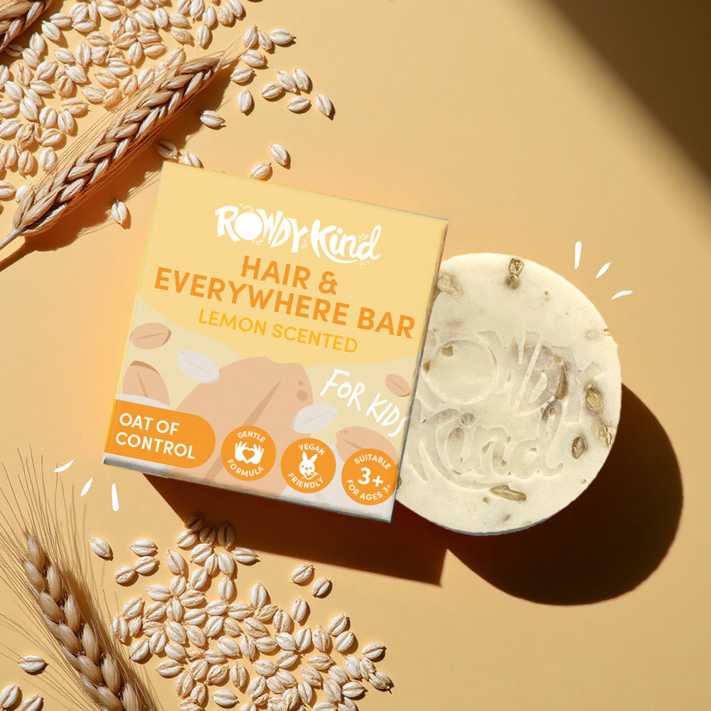 Lemon scented hair bar packaging and oats