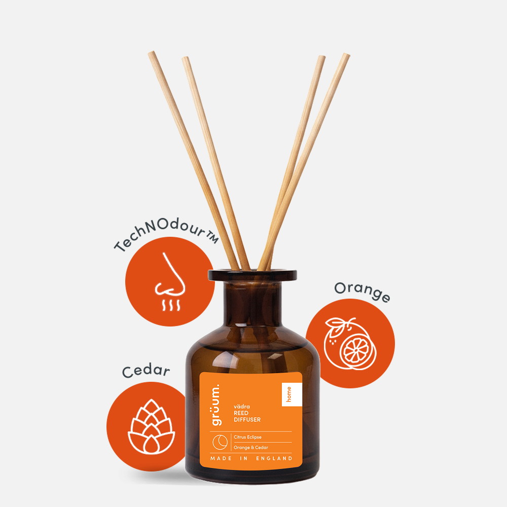 Reed diffuser with orange and cedar icons.