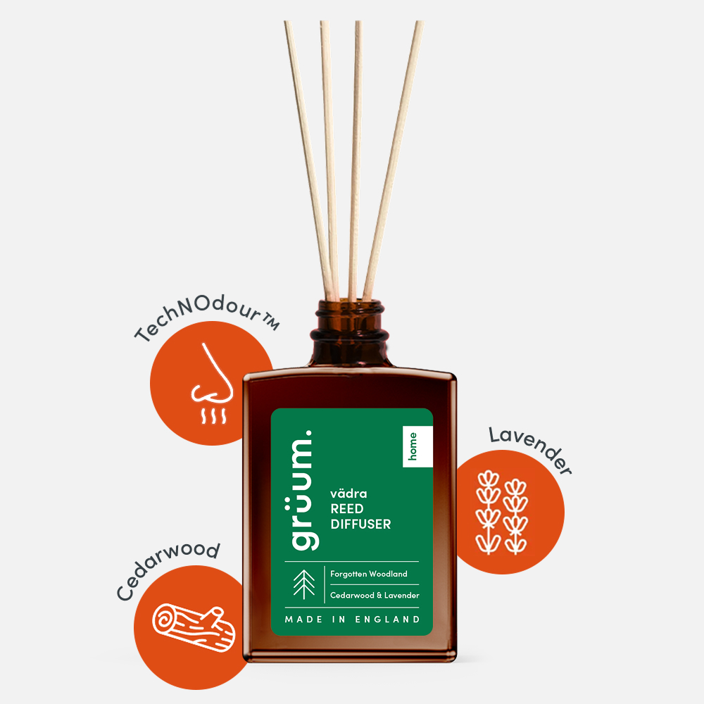 Brown bottle reed diffuser with labels