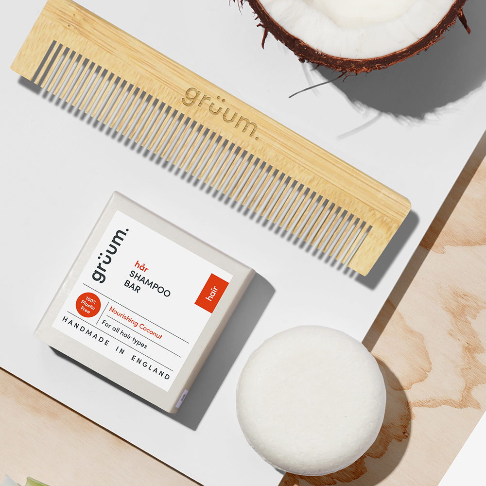 Comb, shampoo bar, coconut half