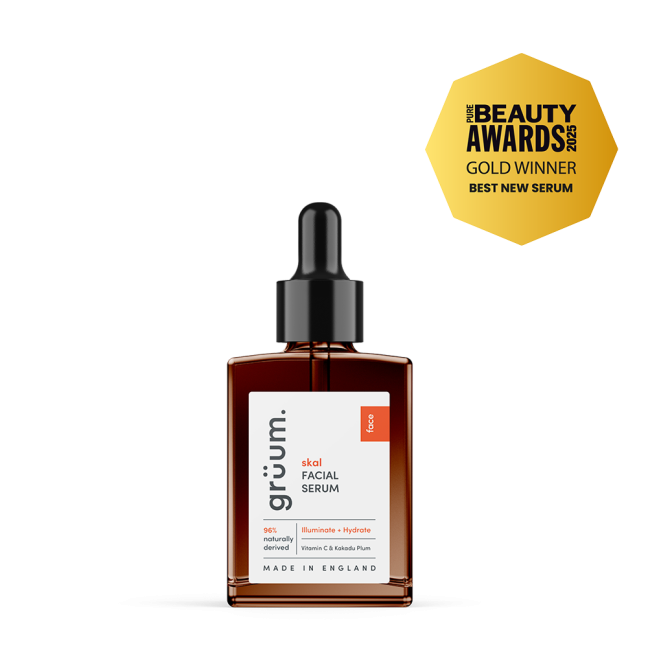 Facial serum bottle with award badge