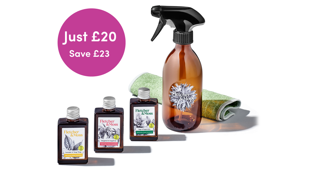 Cleaning products with spray bottle.