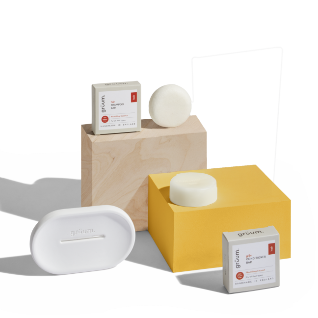 Shampoo and conditioner bars displayed.