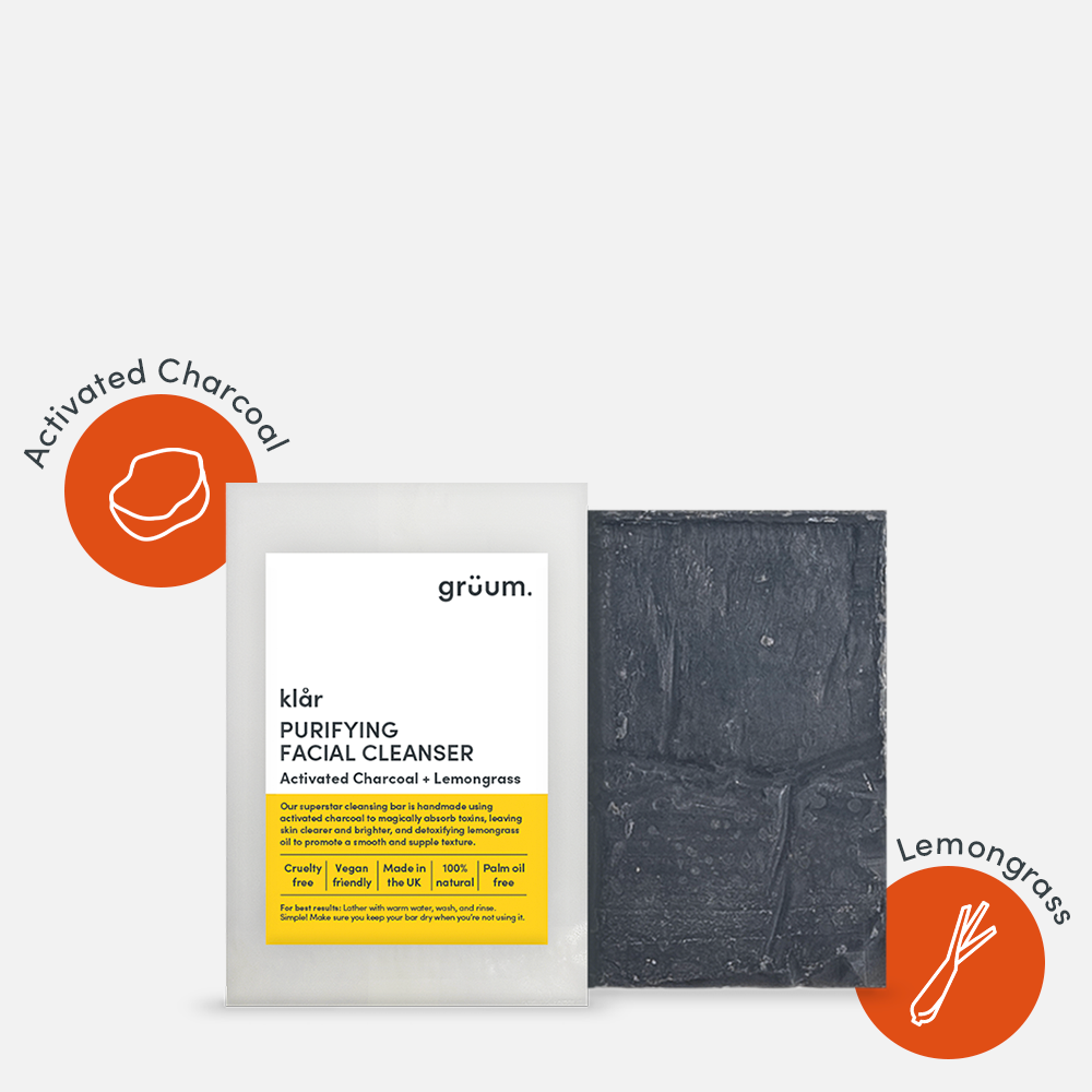 Facial cleanser with charcoal and lemongrass.