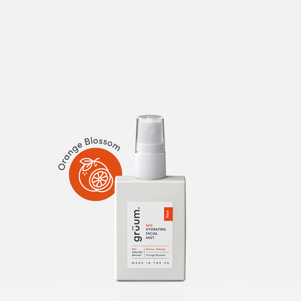 Facial mist bottle with orange blossom label.