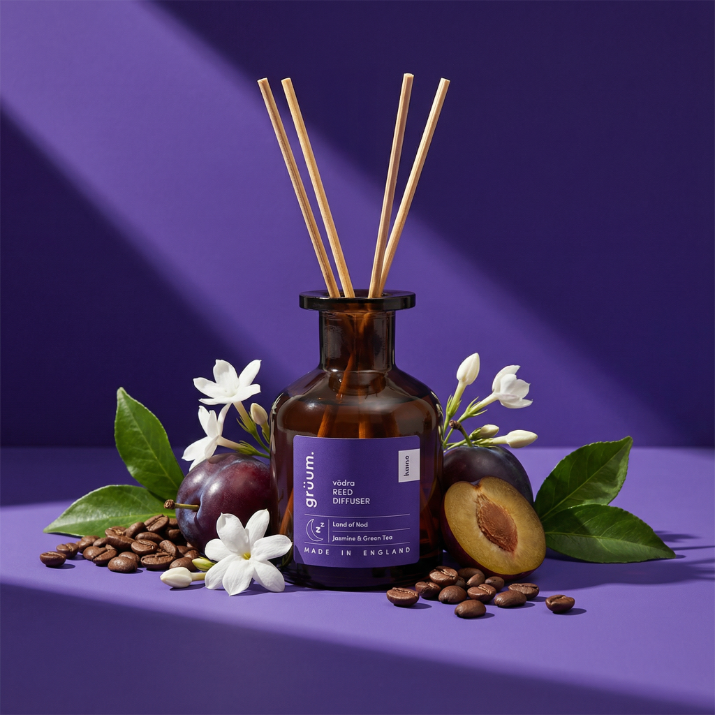 Reed diffuser with plums and coffee beans.