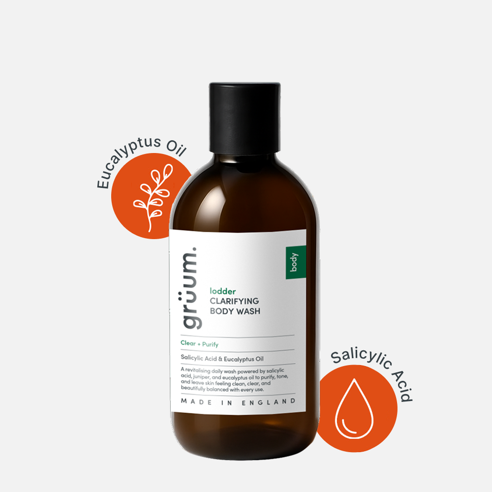 Bottle of clarifying body wash.