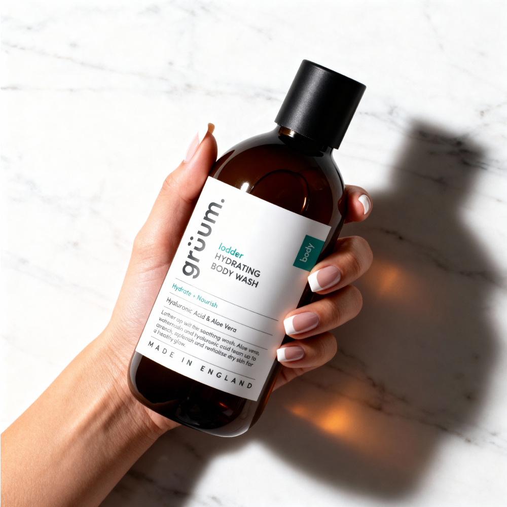 Hand holding body wash bottle.