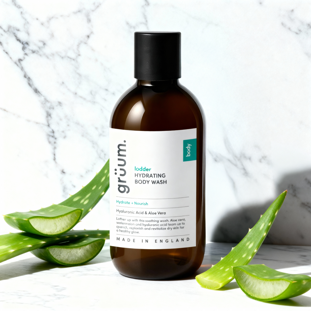 Body wash bottle with aloe leaves