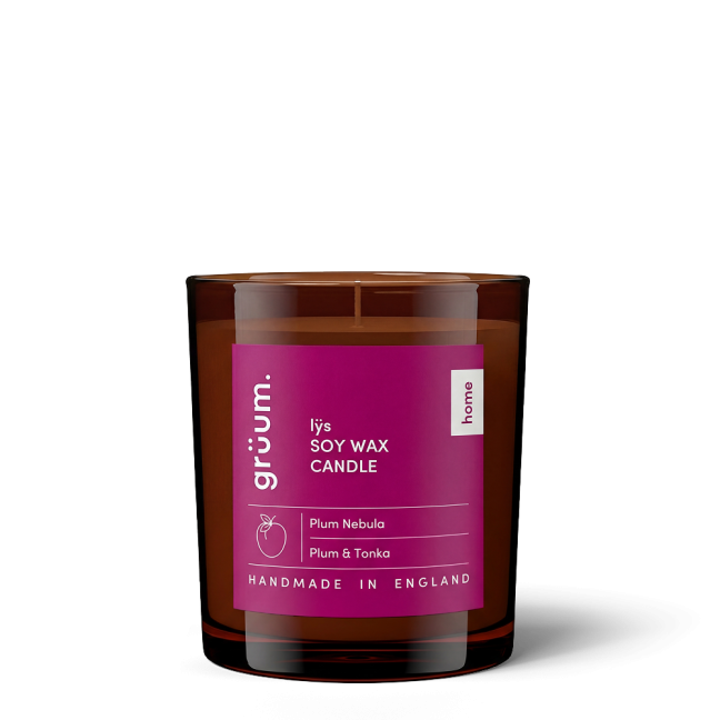 Soy wax candle with purple label.