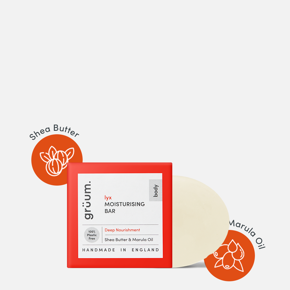 Red-boxed moisturizing bar with ingredients icons.