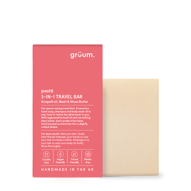 Red packaging with beige soap bar