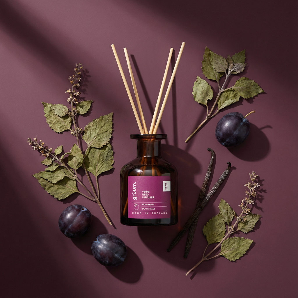 Diffuser and botanicals on purple background.