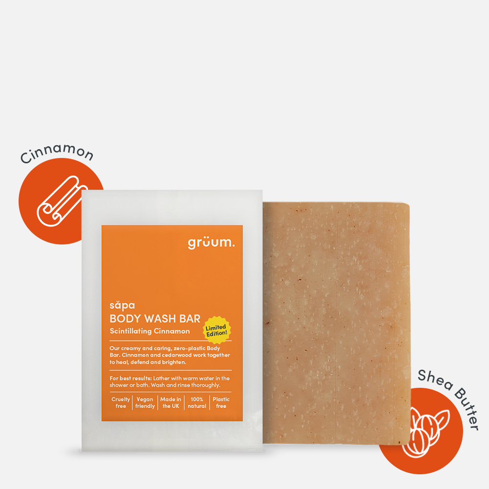 Body wash bar with cinnamon and shea butter.