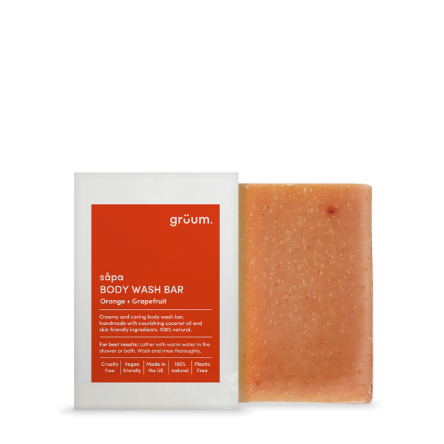 Orange body wash bar and packaging.