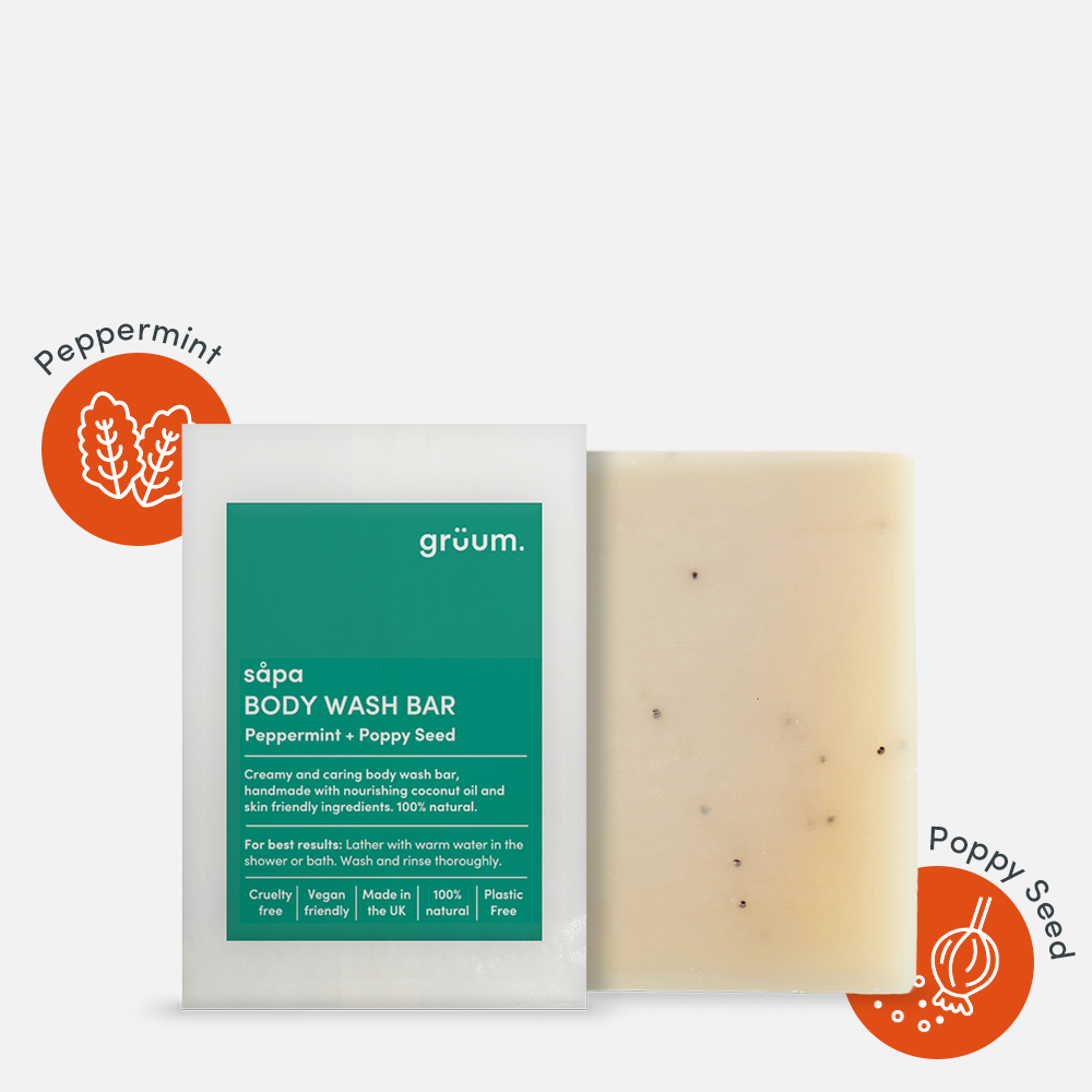 Peppermint poppy seed body wash bar packaging.