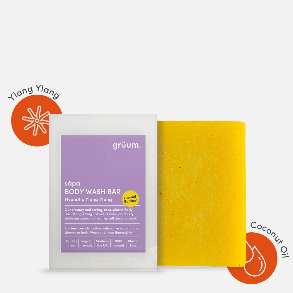 Yellow body wash bar and packaging