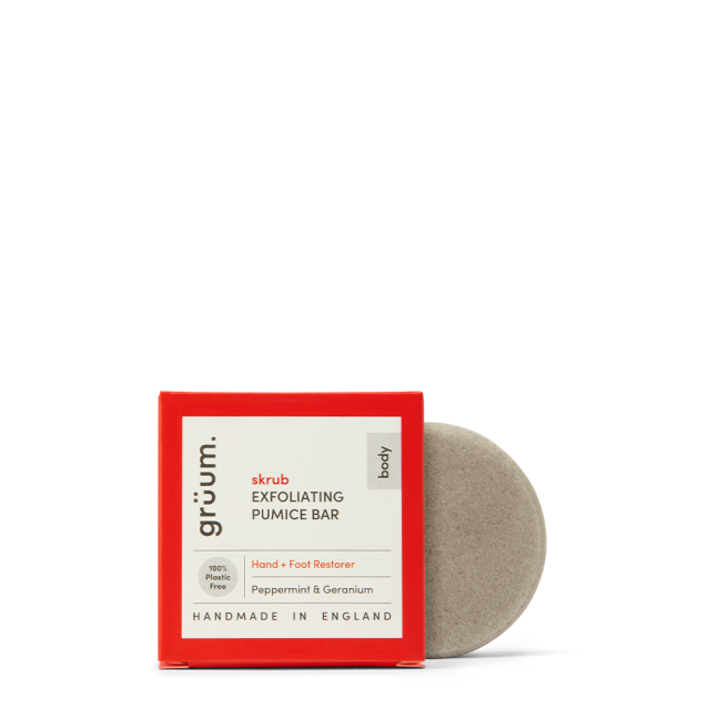 Exfoliating pumice bar in red packaging.