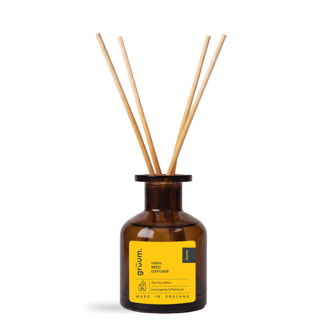 Brown reed diffuser with label
