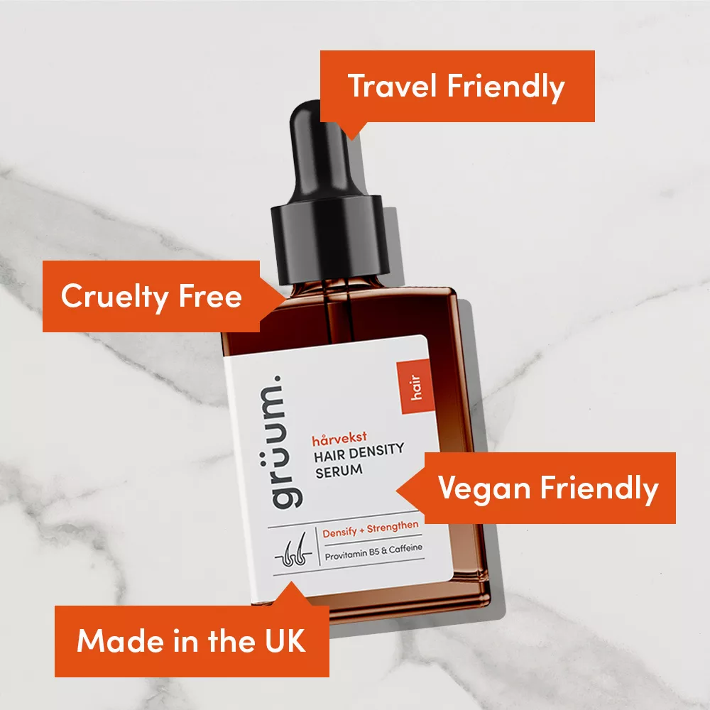 Hair serum bottle with marketing tags