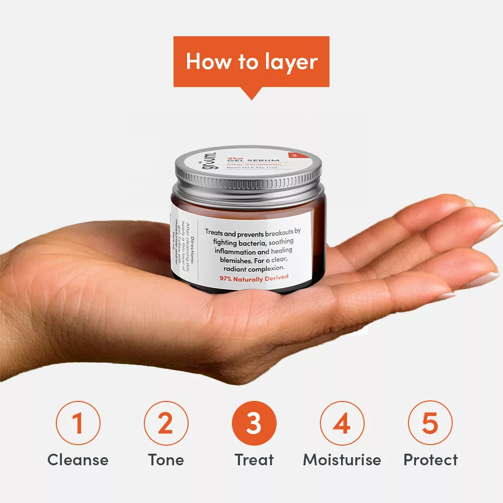 Hand holding skincare jar, layering steps below.