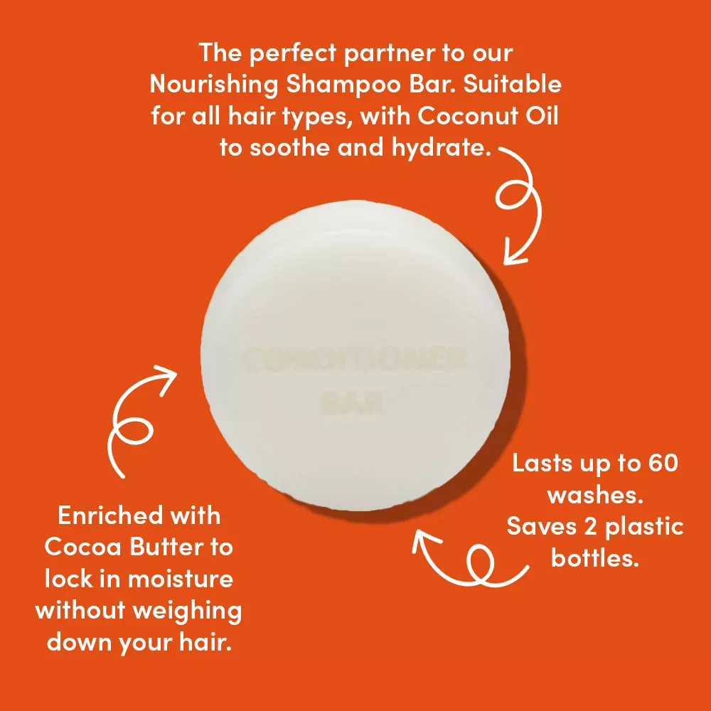 White conditioner bar with text on orange