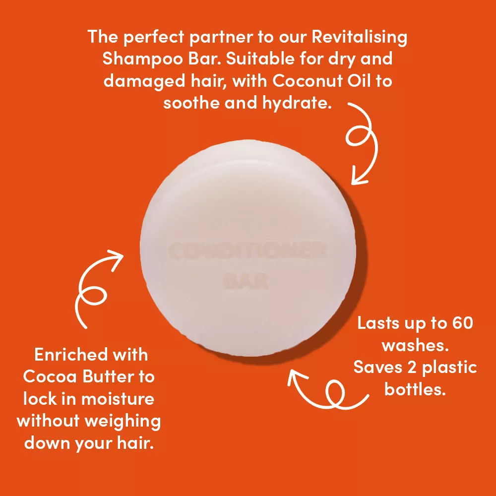 Conditioner bar with benefits on orange background.