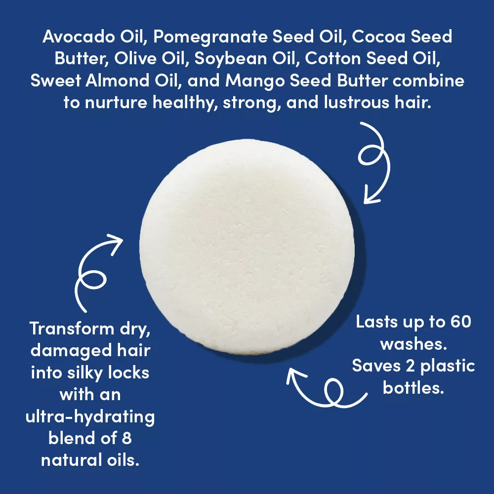 White round shampoo bar on blue background.