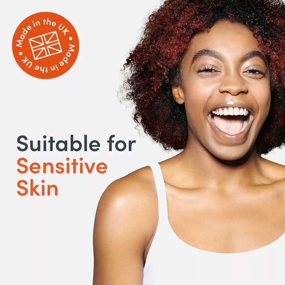 Smiling woman, sensitive skin product ad.