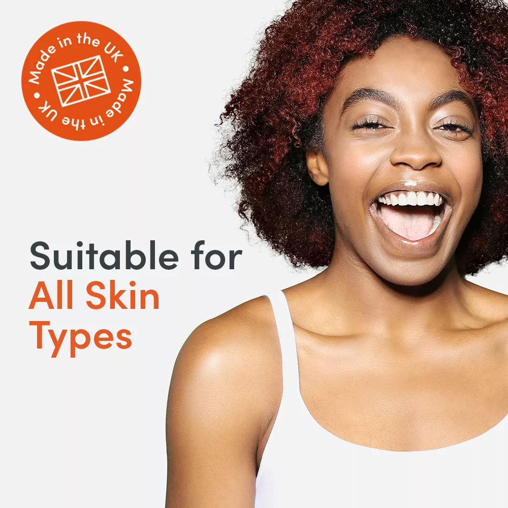 Smiling woman with product suitability text.