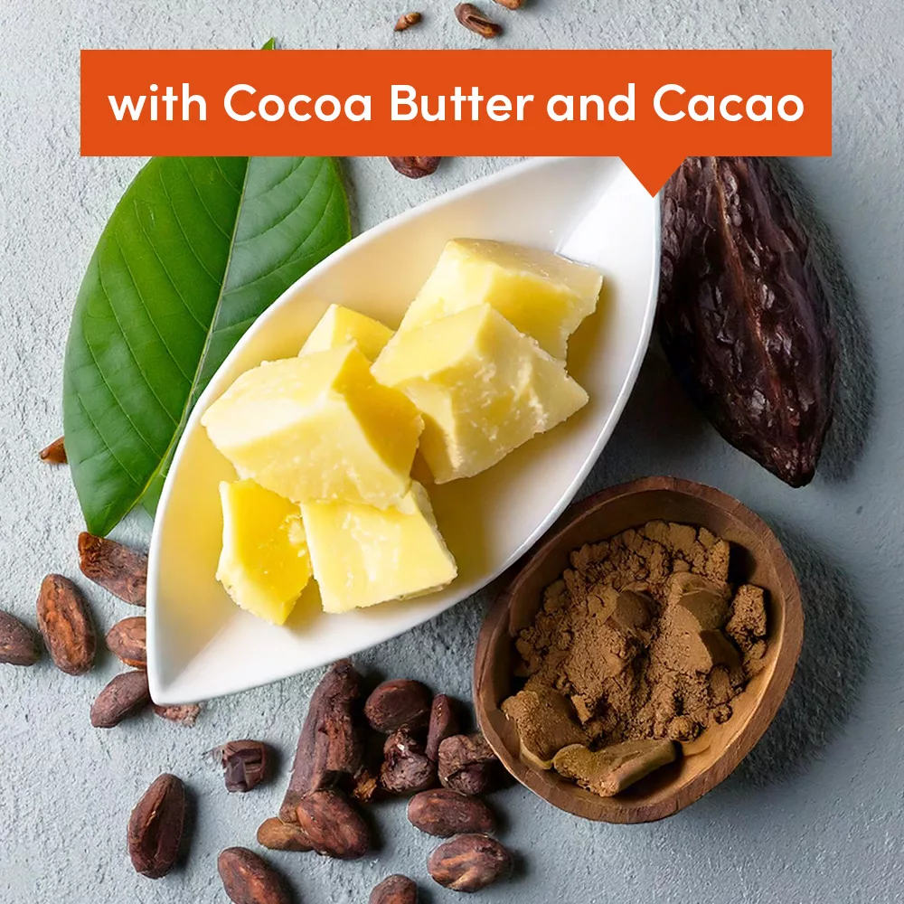 Cocoa butter, cacao, leaves displayed
