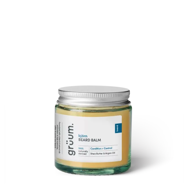 Beard balm jar on white background.