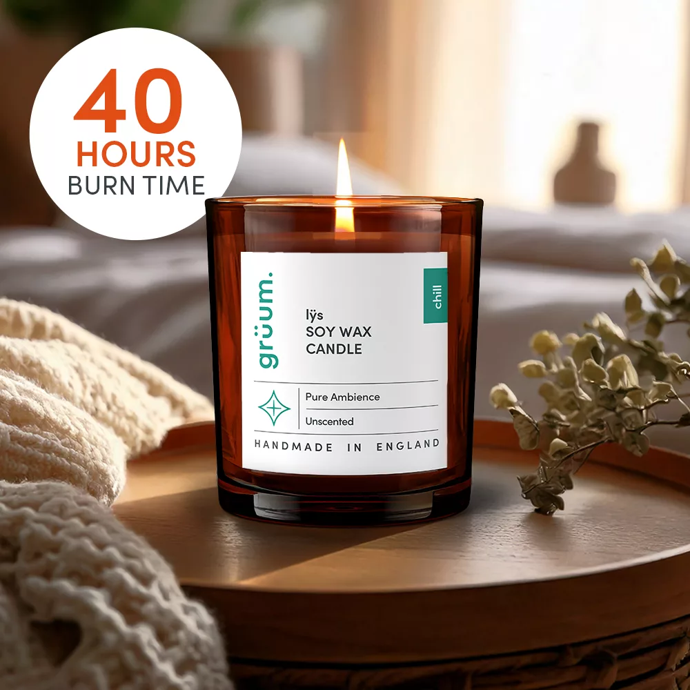 Soy wax candle with 40-hour burn time.