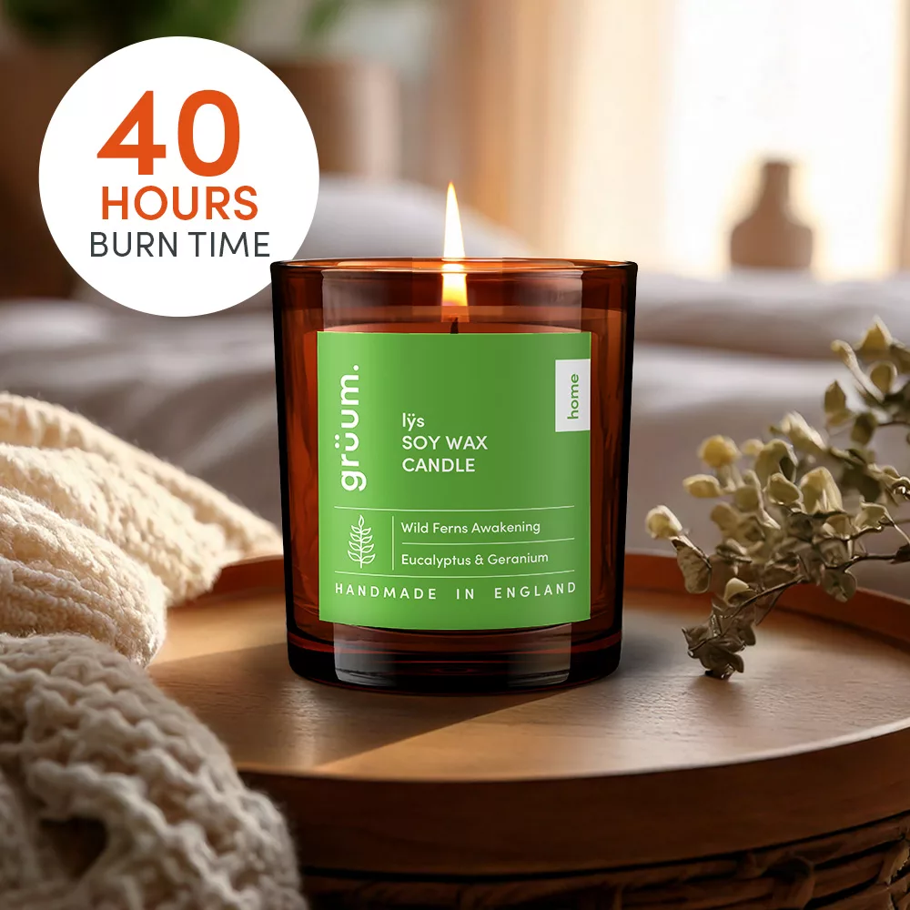 Soy wax candle with 40-hour burn time.