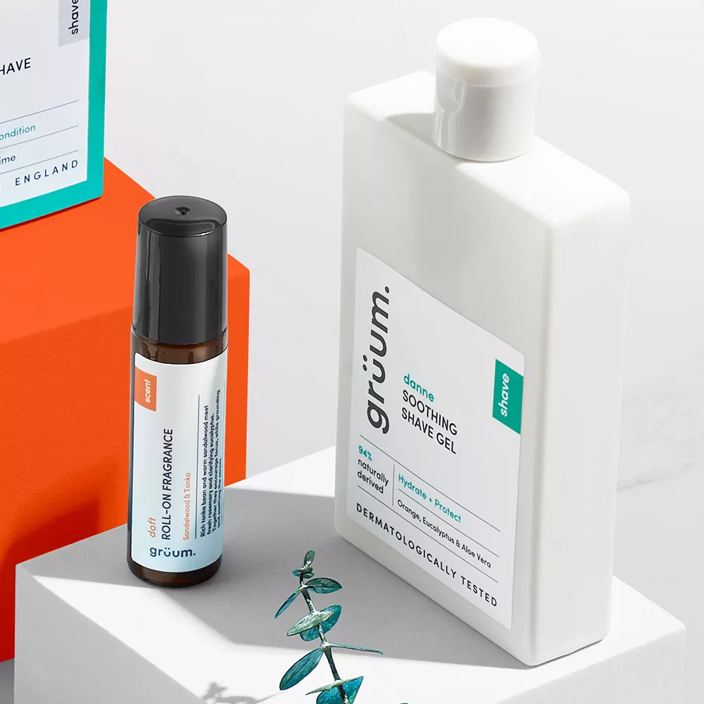 Shave gel and roll-on fragrance bottles