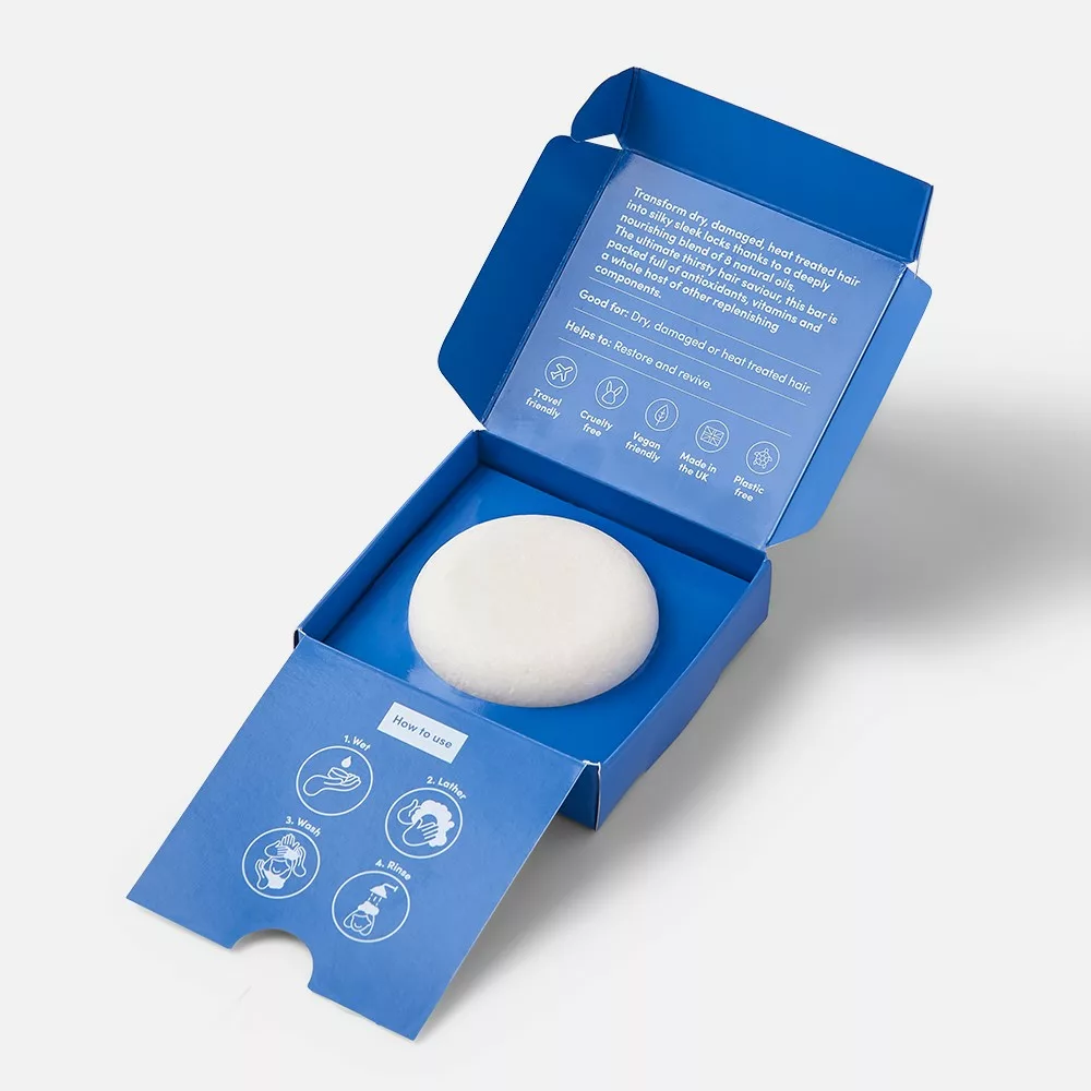 Round soap in blue box.