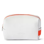 White toiletry bag with orange zipper